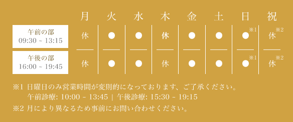 ※ 日曜日のみ営業時間が変則的になっております、ご了承ください。午前診療: 09:15 ~ 12:15 | 午後診療: 14:00 ~ 18:30